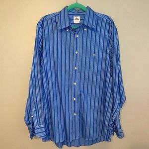 EUC Lacoste Blue Striped Long Sleeve Button Down Dress Shirt Cotton Size 44 XL